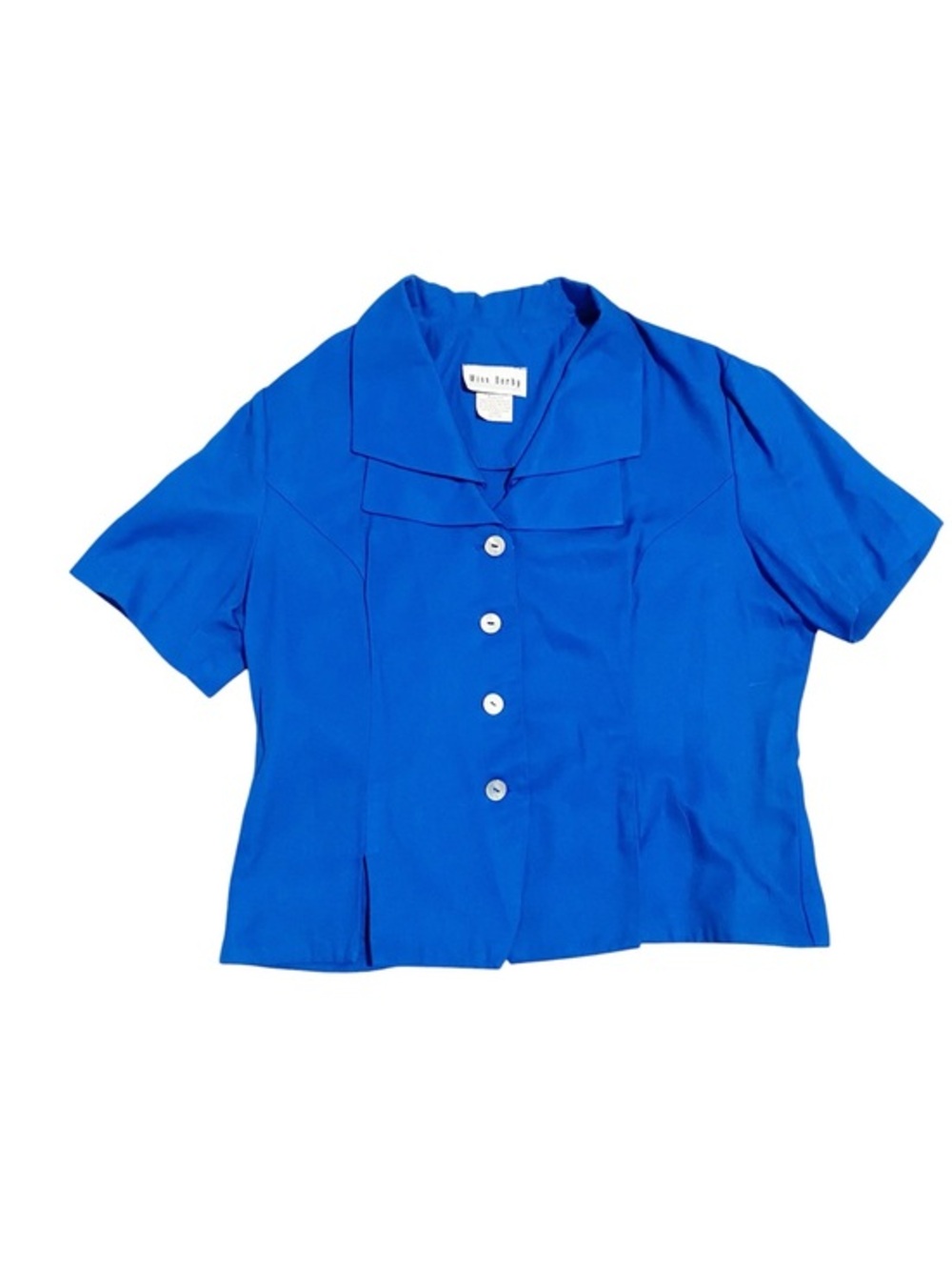 Vintage Blue Short Sleeve Double Collar Button Front Blouse Size Medium